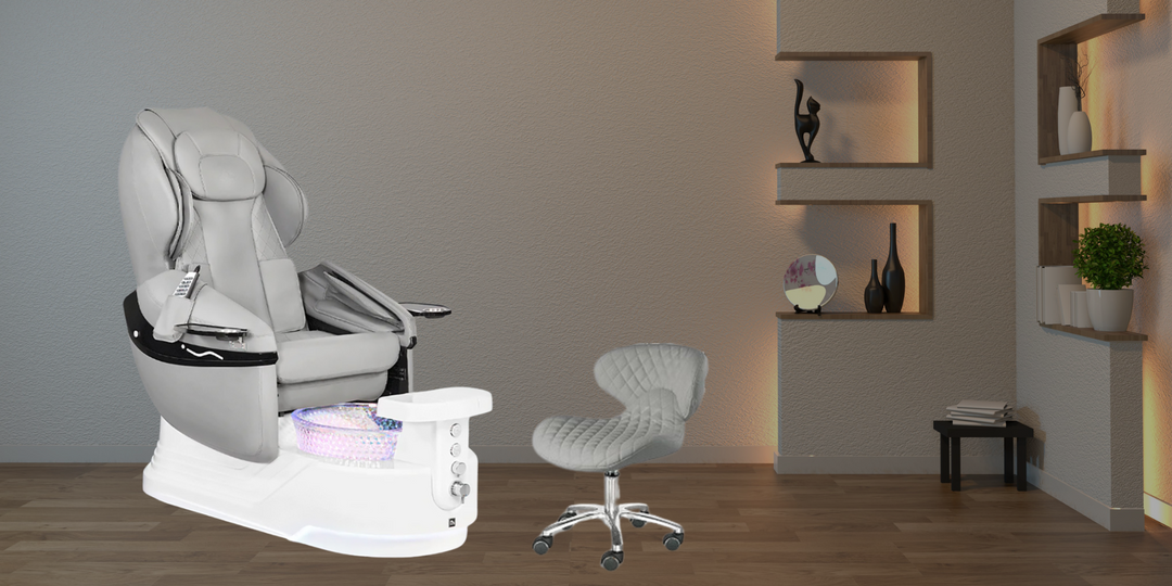 Elora Pedicure Chair featuring a sleek modern design, Shiatsu massage system, pipeless whirlpool basin, premium upholstery, and adjustable footrest.