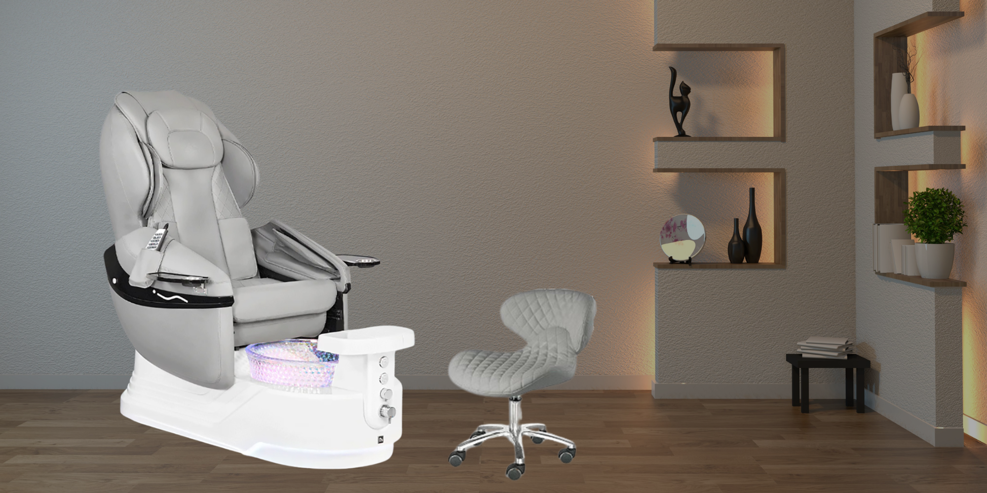 Elora Pedicure Chair featuring a sleek modern design, Shiatsu massage system, pipeless whirlpool basin, premium upholstery, and adjustable footrest.