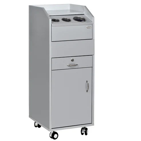 Professional salon styling station cabinet with spacious storage for hairstyling tools, salon products, and organized beauty workstations.