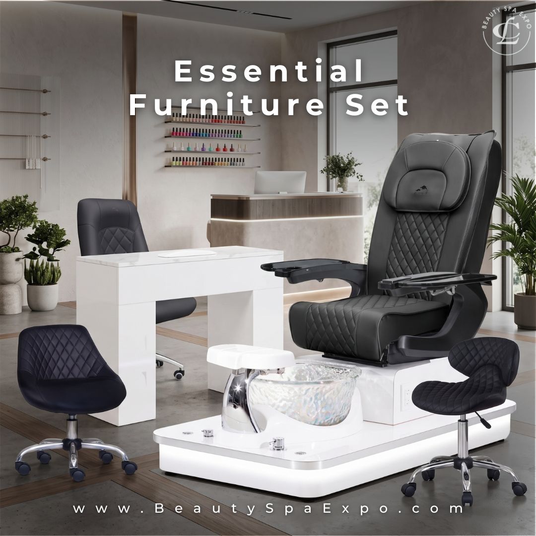 Essential Furniture Set featuring a black quilted pedicure spa chair with white base, matching manicure table, and technician stools by Beauty Spa Expo.