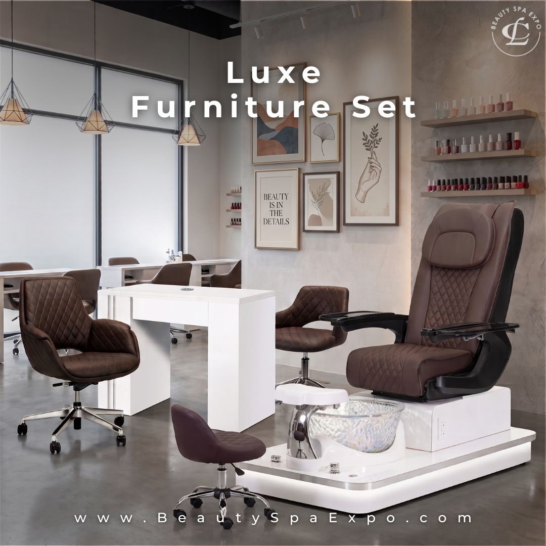 Luxe salon furniture set featuring a brown quilted pedicure spa chair with basin and matching white manicure station with client chairs.