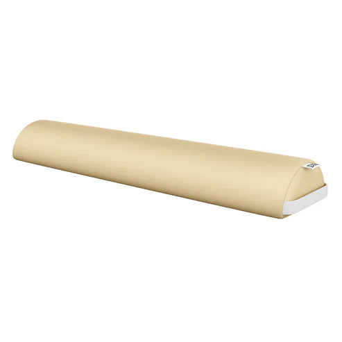 Beige semicircular massage bolster pillow with leather upholstery and carrying handle for spa or salon tables.