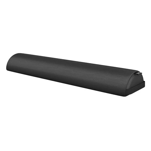 Gray semicircular massage bolster pillow with leather upholstery and carrying handle for spa or salon tables.