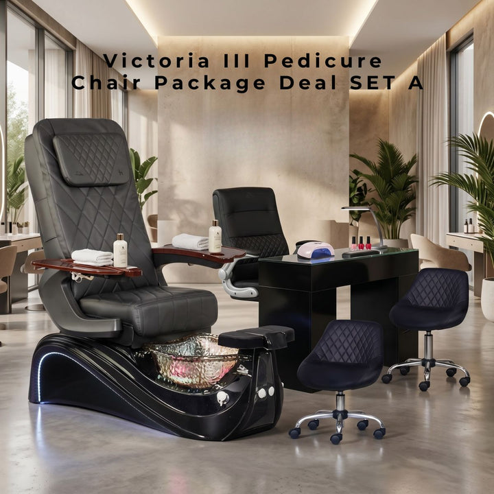 Victoria III Pedicure Chair Package Deal Set A featuring a black leather diamond-stitched pedicure chair with a glass bowl basin, LED accent lighting, a matching black glass-top nail technician table with a UV lamp, a technician chair, and two matching diamond-tufted rolling manicurist stools in a modern luxury salon setting.