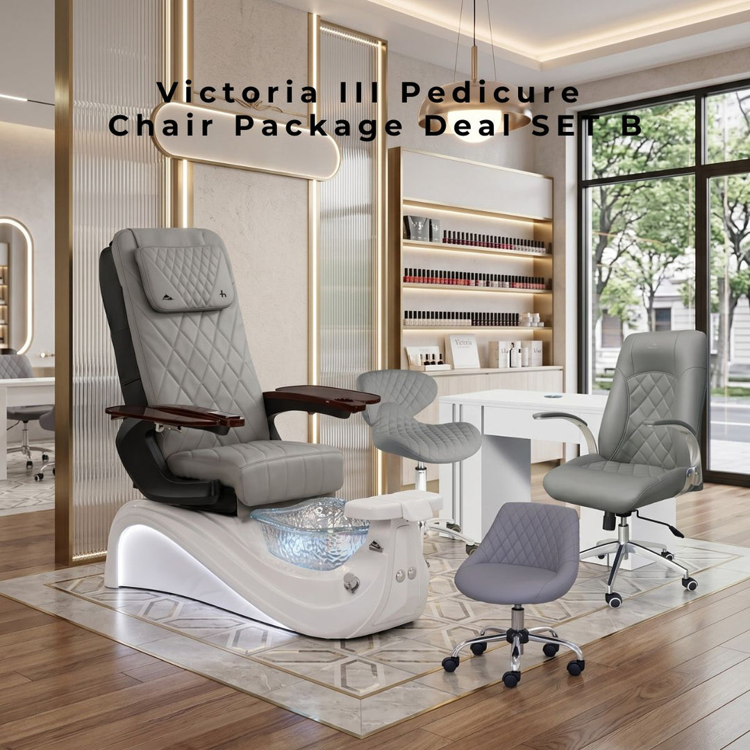 Whale Spa Victoria III Pedicure Chair Package Deal Set B featuring gray diamond-quilted salon chairs, a white manicure nail table, a rolling technician stool, and an LED-lit pedicure spa base with a crystal glass bowl in a modern salon showroom setting.
