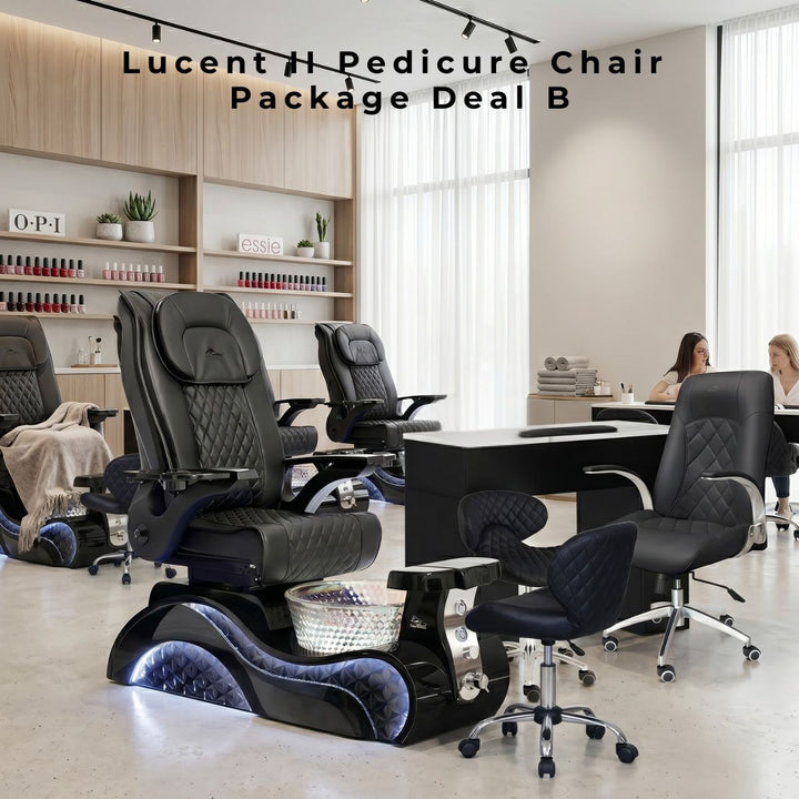 Lucent II Pedicure Chair Package Deal B: Black diamond-quilted leather spa chairs with LED bases and matching tech stools.