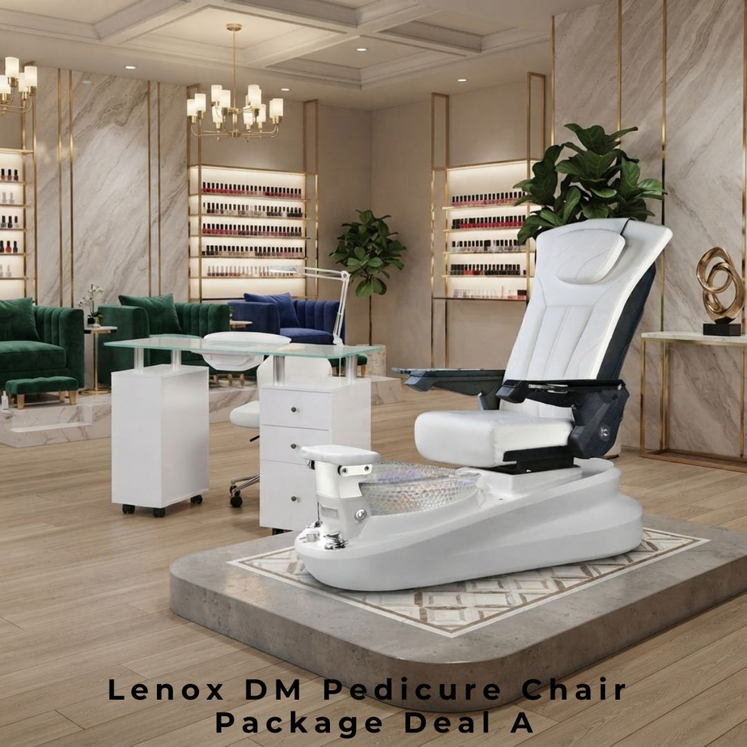 Lenox DM Pedicure Chair Package Deal A in a luxury nail salon setting, featuring a white pedicure spa chair and matching manicure table.