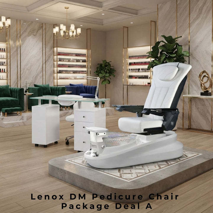 Lenox DM Pedicure Chair Package Deal A in a luxury nail salon setting, featuring a white pedicure spa chair and matching manicure table.