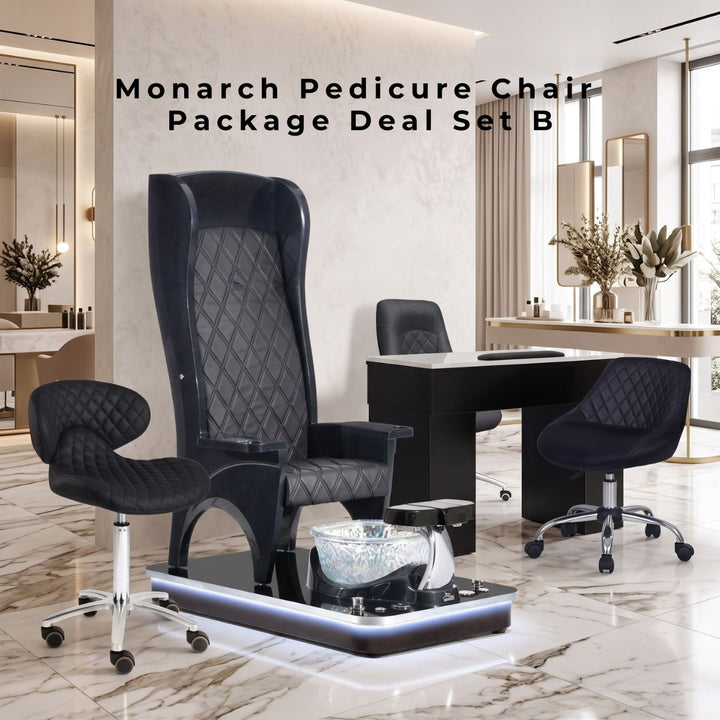 Monarch Pedicure Chair Package Deal Set B with high back, glass bowl, matching technician stool, and manicure table in modern luxury salon setting