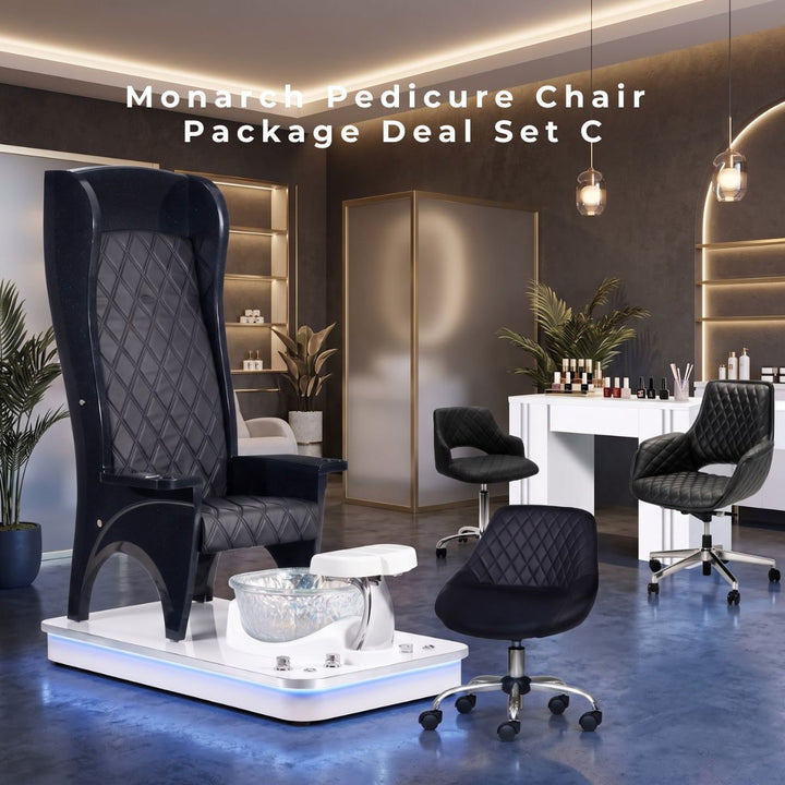 Monarch Pedicure Chair Package Deal Set C featuring a black high-back pedicure chair, glass foot basin, white manicure table, and black salon chairs.
