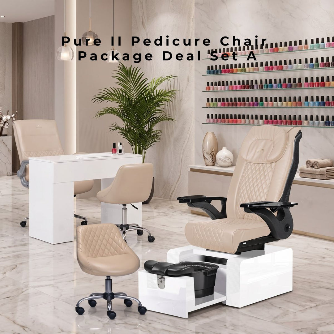 Pure II Pedicure Chair Package Deal Set A in beige, featuring a diamond-stitched massage spa chair, white manicure table, and matching ergonomic technician stools for nail salons.