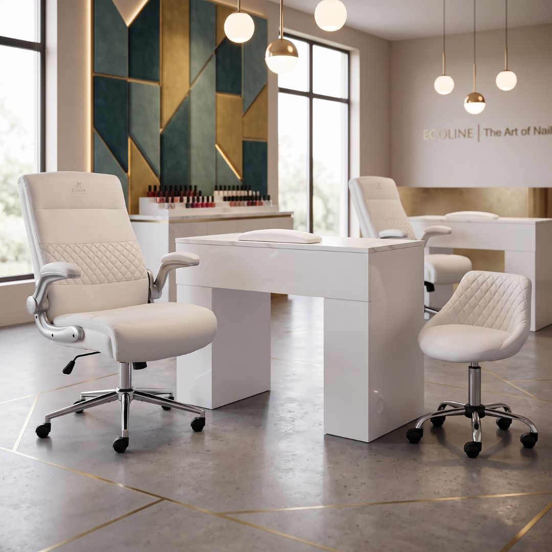 Modern white commercial manicure table and ergonomic quilted rolling chairs in a luxury nail salon setup. Professional salon furniture equipment.