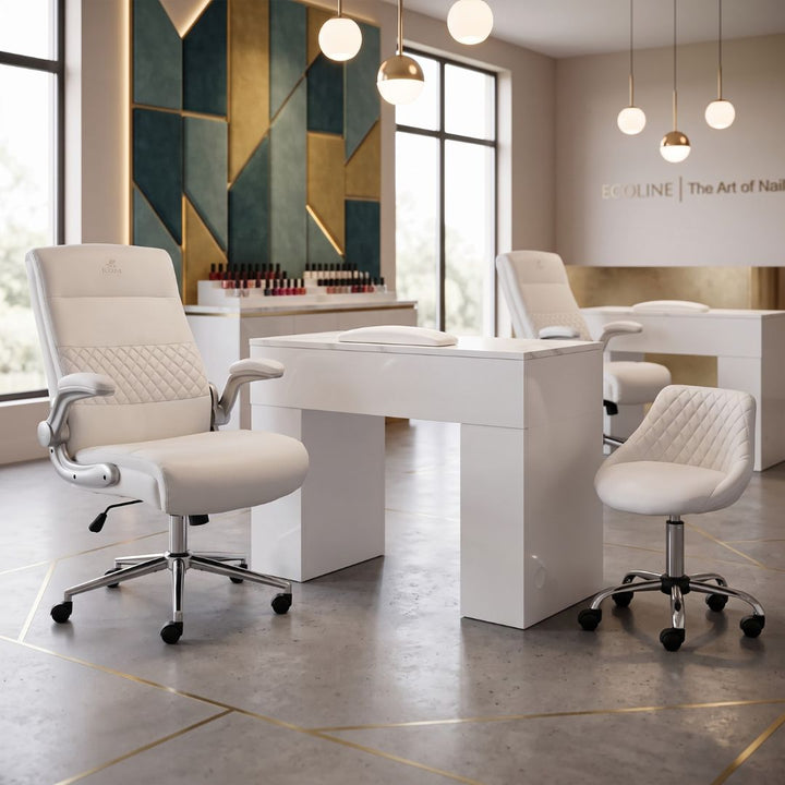 Modern white commercial manicure table and ergonomic quilted rolling chairs in a luxury nail salon setup. Professional salon furniture equipment.