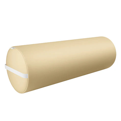 Beige DIR Full Round Bolster Pillow with carry handle on a white background, used as a massage table accessory and physical therapy support cushion.