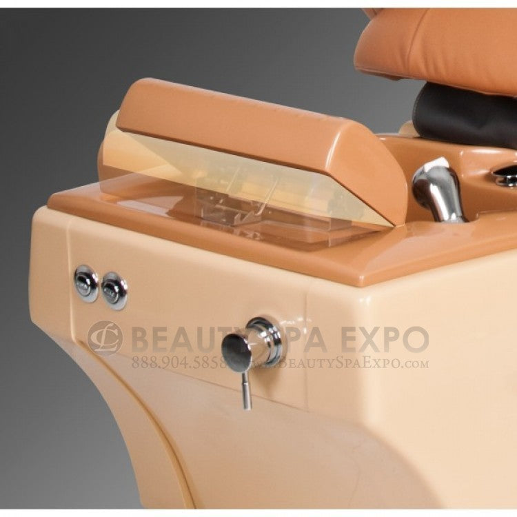 Yuna Pedicure Chair. The Yuna features a removable fiberglass sink bowl; an adjustable waterproof, fiberglass footrest; an easy-to-control, front-mounted faucet; a pullout, multifunction shower head; an embedded LED light color therapy; free matching pedicure stool.