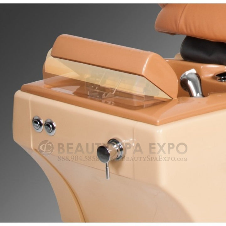 Yuna Pedicure Chair. The Yuna features a removable fiberglass sink bowl; an adjustable waterproof, fiberglass footrest; an easy-to-control, front-mounted faucet; a pullout, multifunction shower head; an embedded LED light color therapy; free matching pedicure stool.